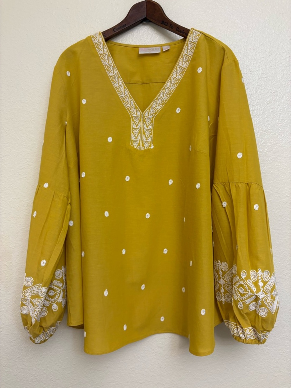 Belle Boho Kim Gravel Mustard Yellow Embroidered Tunic Blouse 1X Boho Top